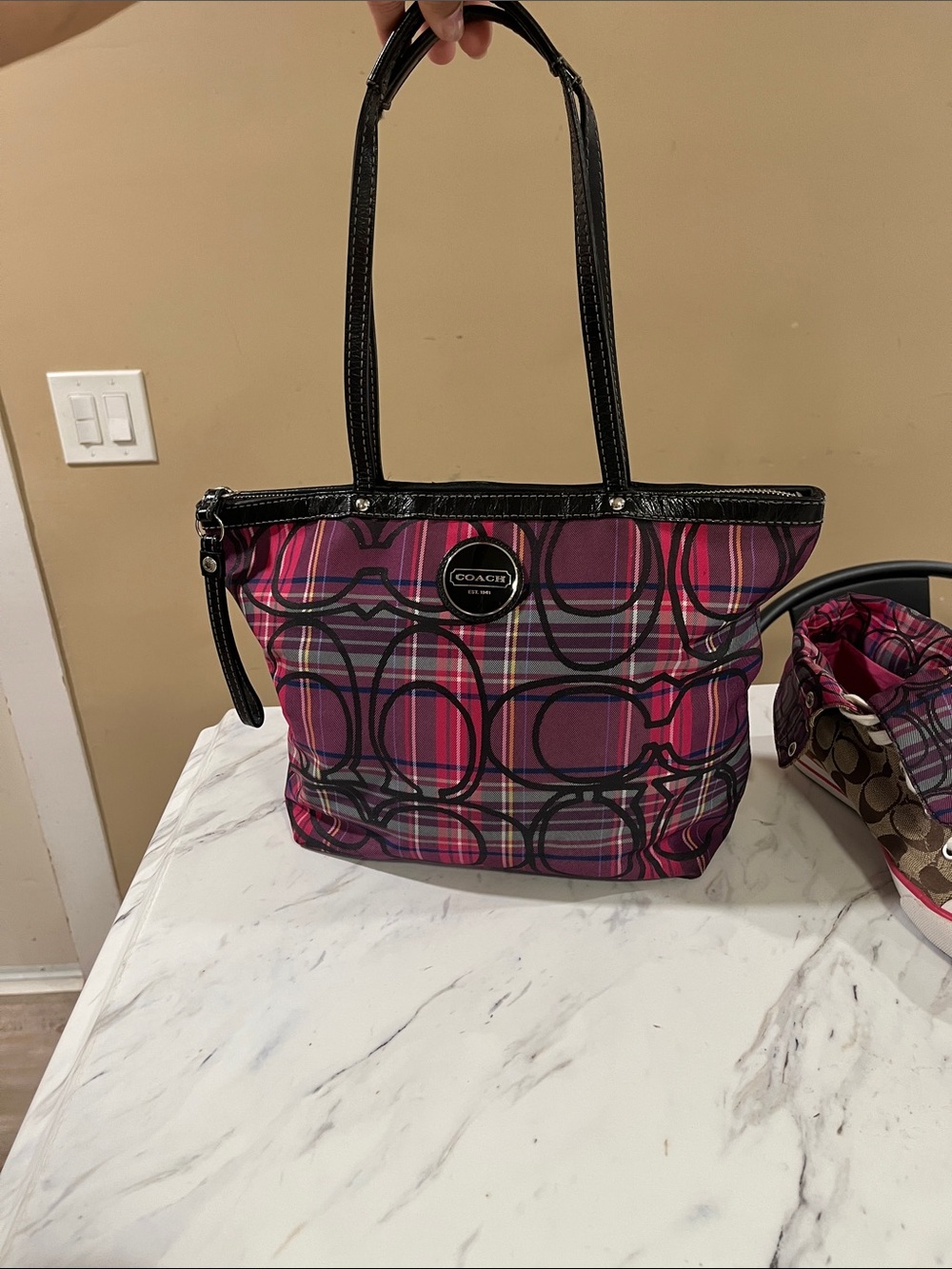 COACH Pink and Purple Plaid Signature Shoulder Tote